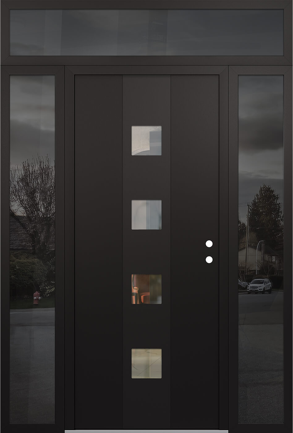 Modern Steel Front Door DIAMOND A12 64" X 96" BLACK/BLACK CLEAR GLASS PANEL BLACK LHI WITH 2 SIDELITES AND TRANSOM CLEAR GLASS