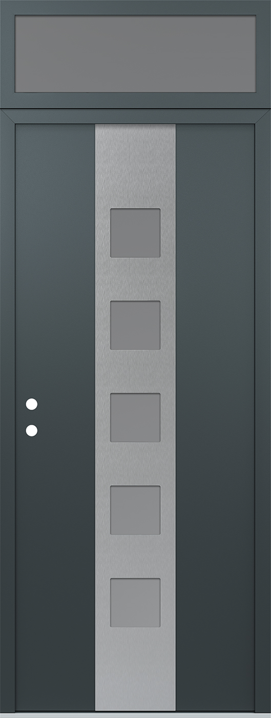 Modern Steel Front Door DIAMOND A13 36" X 96" ANTHRACITE/ANTHRACITE FROSTED GLASS PANEL STAINLESS STEEL RHI WITH TRANSOM FROSTED GLASS