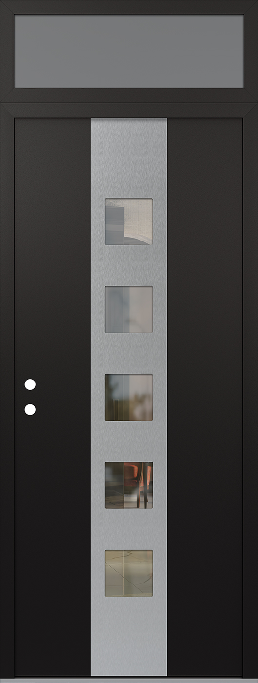Modern Steel Front Door DIAMOND A13 36" X 96" BLACK/BLACK CLEAR GLASS PANEL STAINLESS STEEL RHI WITH TRANSOM FROSTED GLASS