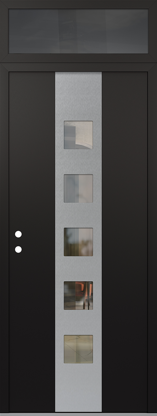 Modern Steel Front Door DIAMOND A13 36" X 96" BLACK/BLACK CLEAR GLASS PANEL STAINLESS STEEL RHI WITH TRANSOM MIRRORED GLASS