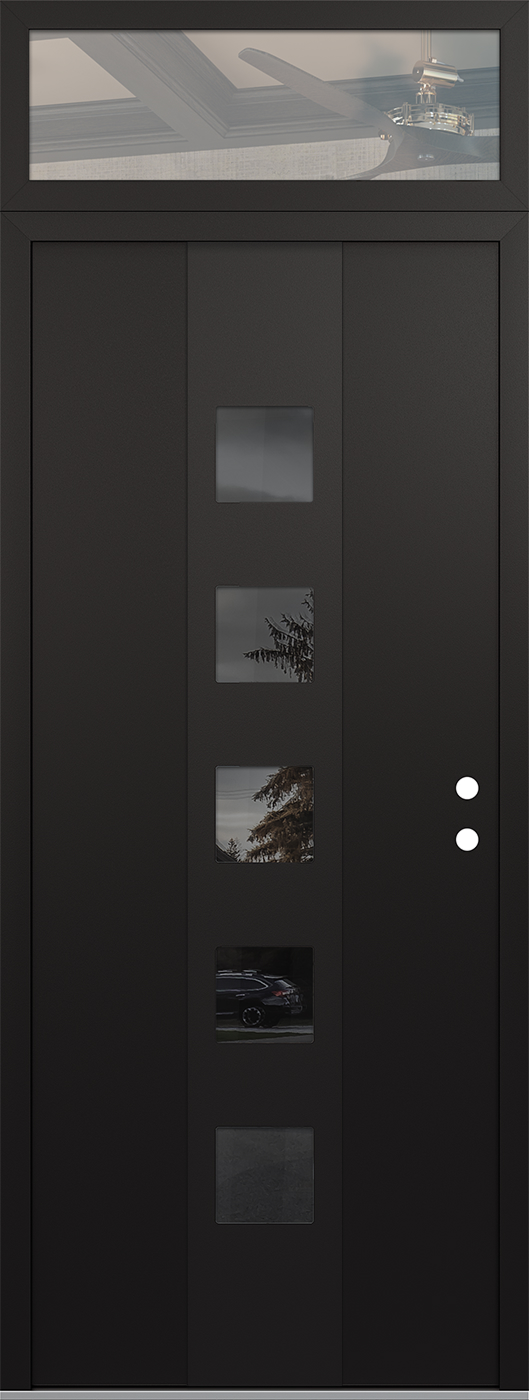 Modern Steel Front Door DIAMOND A13 36" X 96" BLACK/BLACK MIRRORED GLASS PANEL BLACK LHI WITH TRANSOM CLEAR GLASS
