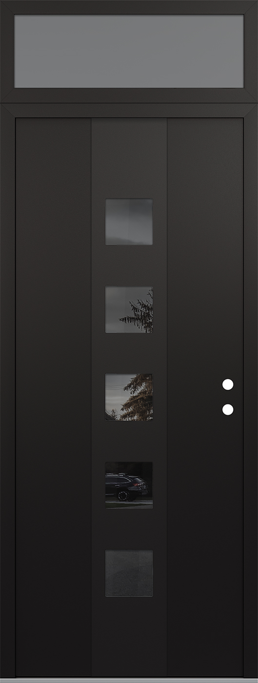 Modern Steel Front Door DIAMOND A13 36" X 96" BLACK/BLACK MIRRORED GLASS PANEL BLACK LHI WITH TRANSOM FROSTED GLASS