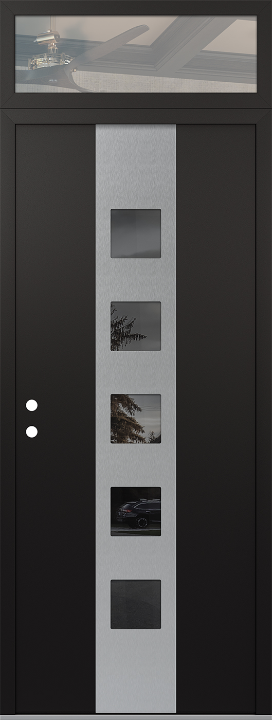 Modern Steel Front Door DIAMOND A13 36" X 96" BLACK/BLACK MIRRORED GLASS PANEL STAINLESS STEEL RHI WITH TRANSOM CLEAR GLASS