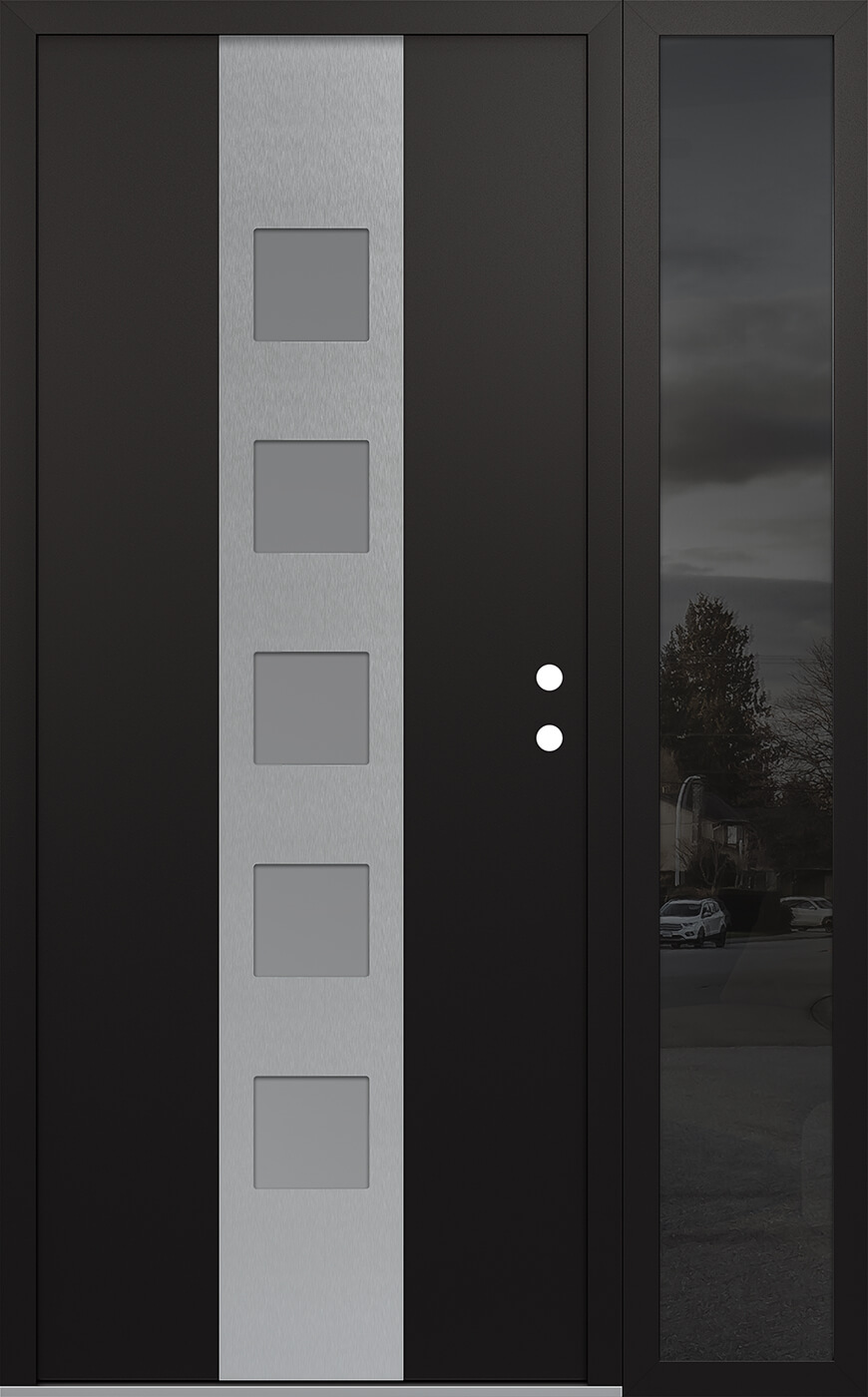 Modern Steel Front Door DIAMOND A13 48" X 80" BLACK/WHITE FROSTED GLASS PANEL STAINLESS STEEL LHI WITH SIDELITE MIRRORED GLASS