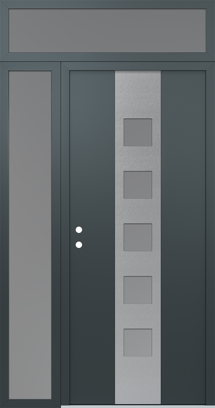 Modern Steel Front Door DIAMOND A13 48" X 96" ANTHRACITE/ANTHRACITE FROSTED GLASS PANEL STAINLESS STEEL RHI WITH SIDELITE AND TRANSOM FROSTED GLASS