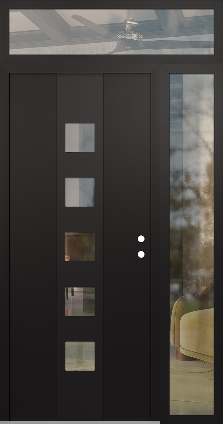 Modern Steel Front Door DIAMOND A13 48" X 96" BLACK/BLACK CLEAR GLASS PANEL BLACK LHI WITH SIDELITE AND TRANSOM CLEAR GLASS
