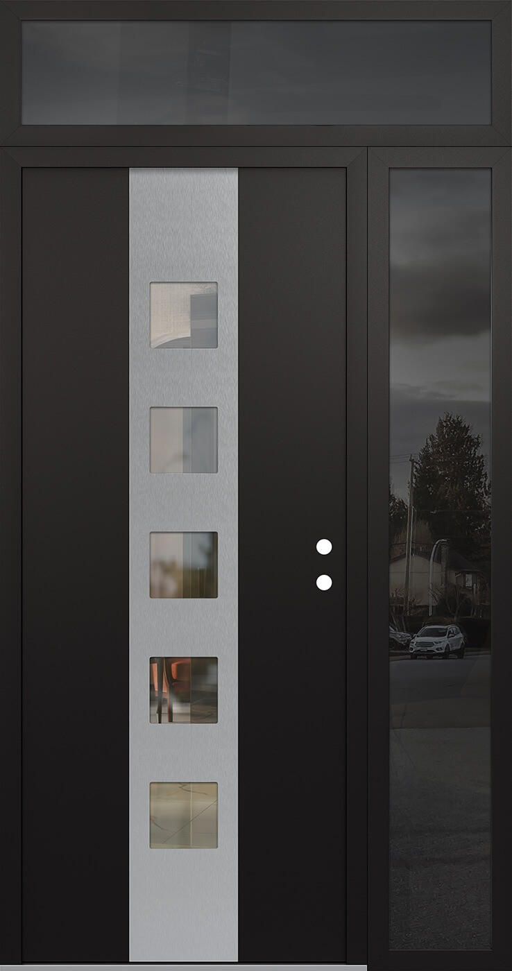 Modern Steel Front Door DIAMOND A13 48" X 96" BLACK/BLACK CLEAR GLASS PANEL STAINLESS STEEL LHI WITH SIDELITE AND TRANSOM MIRRORED GLASS