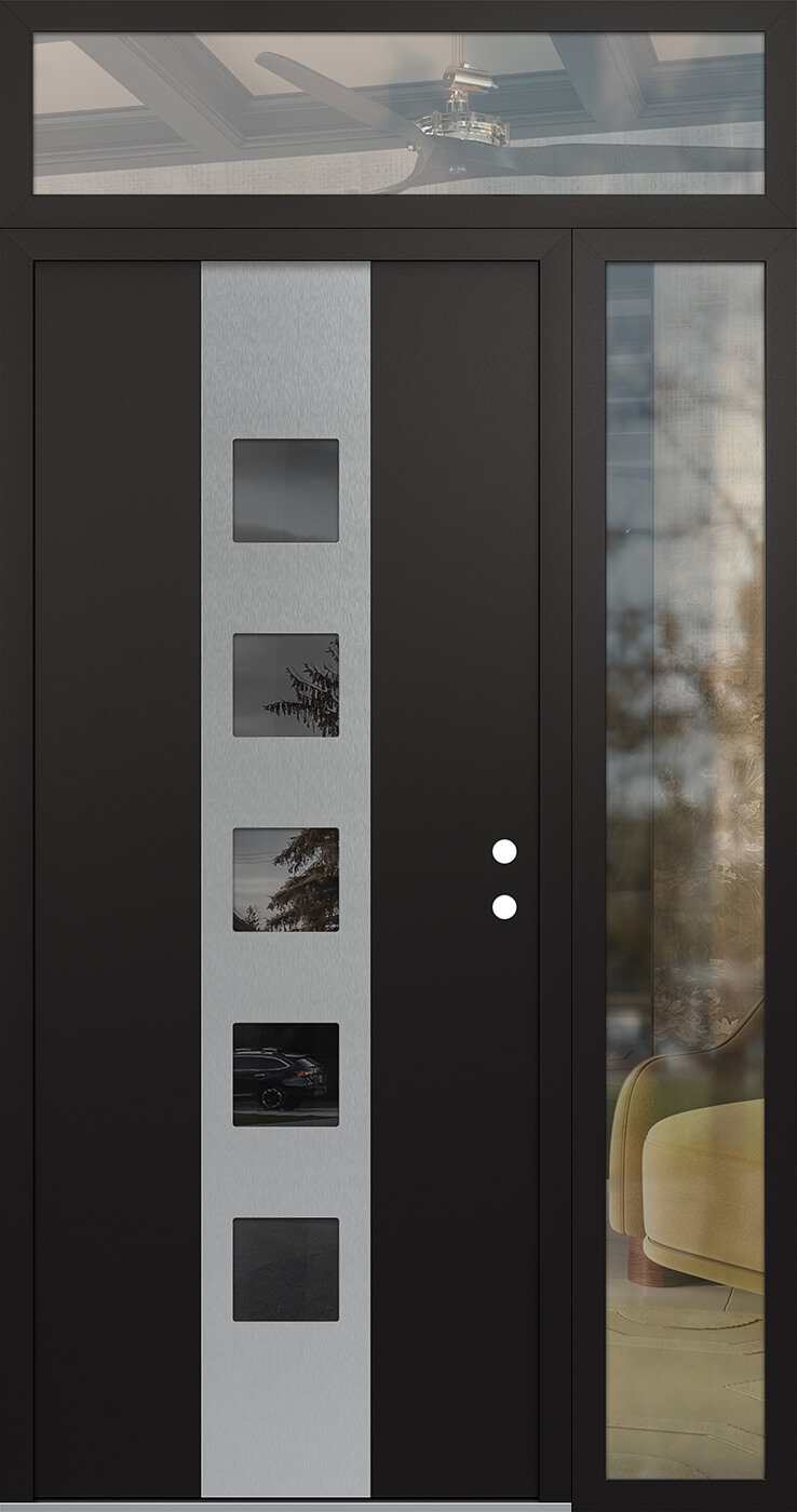 Modern Steel Front Door DIAMOND A13 48" X 96" BLACK/BLACK MIRRORED GLASS PANEL STAINLESS STEEL LHI WITH SIDELITE AND TRANSOM CLEAR GLASS