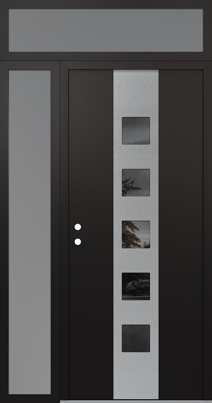 Modern Steel Front Door DIAMOND A13 48" X 96" BLACK/BLACK MIRRORED GLASS PANEL STAINLESS STEEL RHI WITH SIDELITE AND TRANSOM FROSTED GLASS