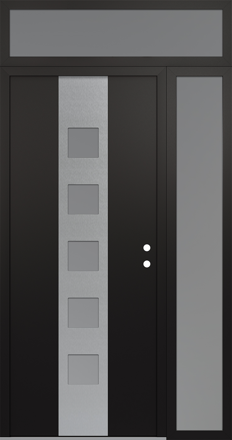 Modern Steel Front Door DIAMOND A13 48" X 96" BLACK/WHITE FROSTED GLASS PANEL STAINLESS STEEL LHI WITH SIDELITE AND TRANSOM FROSTED GLASS