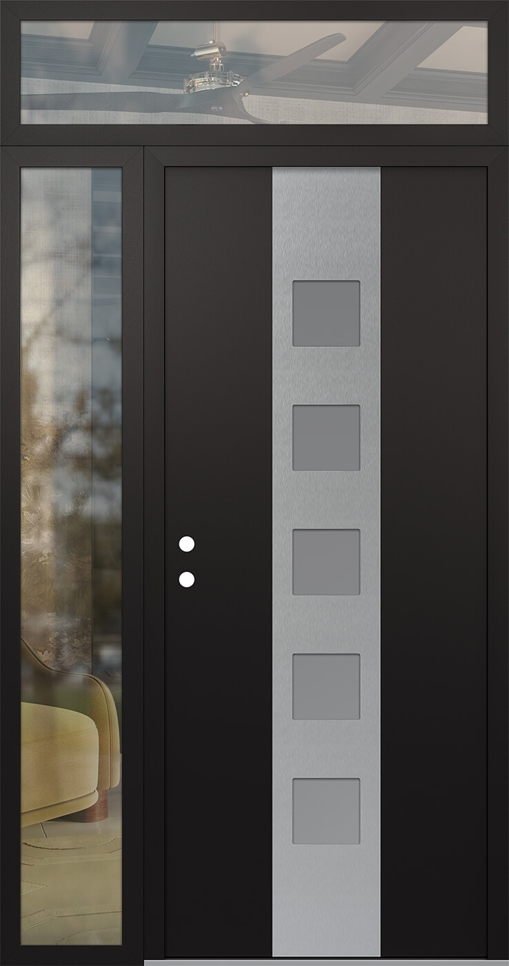 Modern Steel Front Door DIAMOND A13 48" X 96" BLACK/WHITE FROSTED GLASS PANEL STAINLESS STEEL RHI WITH SIDELITE AND TRANSOM CLEAR GLASS