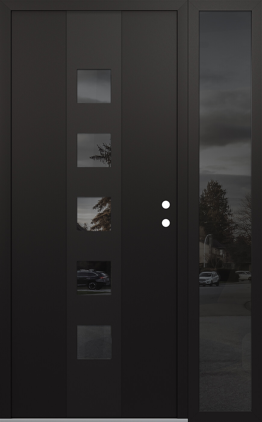 Modern Steel Front Door DIAMOND A13 50" X 80" BLACK/BLACK MIRRORED GLASS PANEL BLACK LHI WITH SIDELITE MIRRORED GLASS