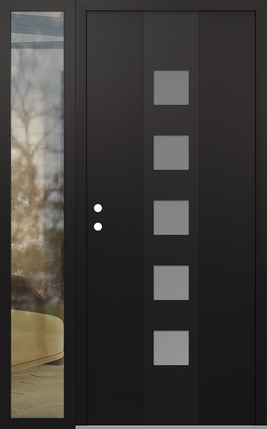 Modern Steel Front Door DIAMOND A13 50" X 80" BLACK/WHITE FROSTED GLASS PANEL BLACK RHI WITH SIDELITE CLEAR GLASS