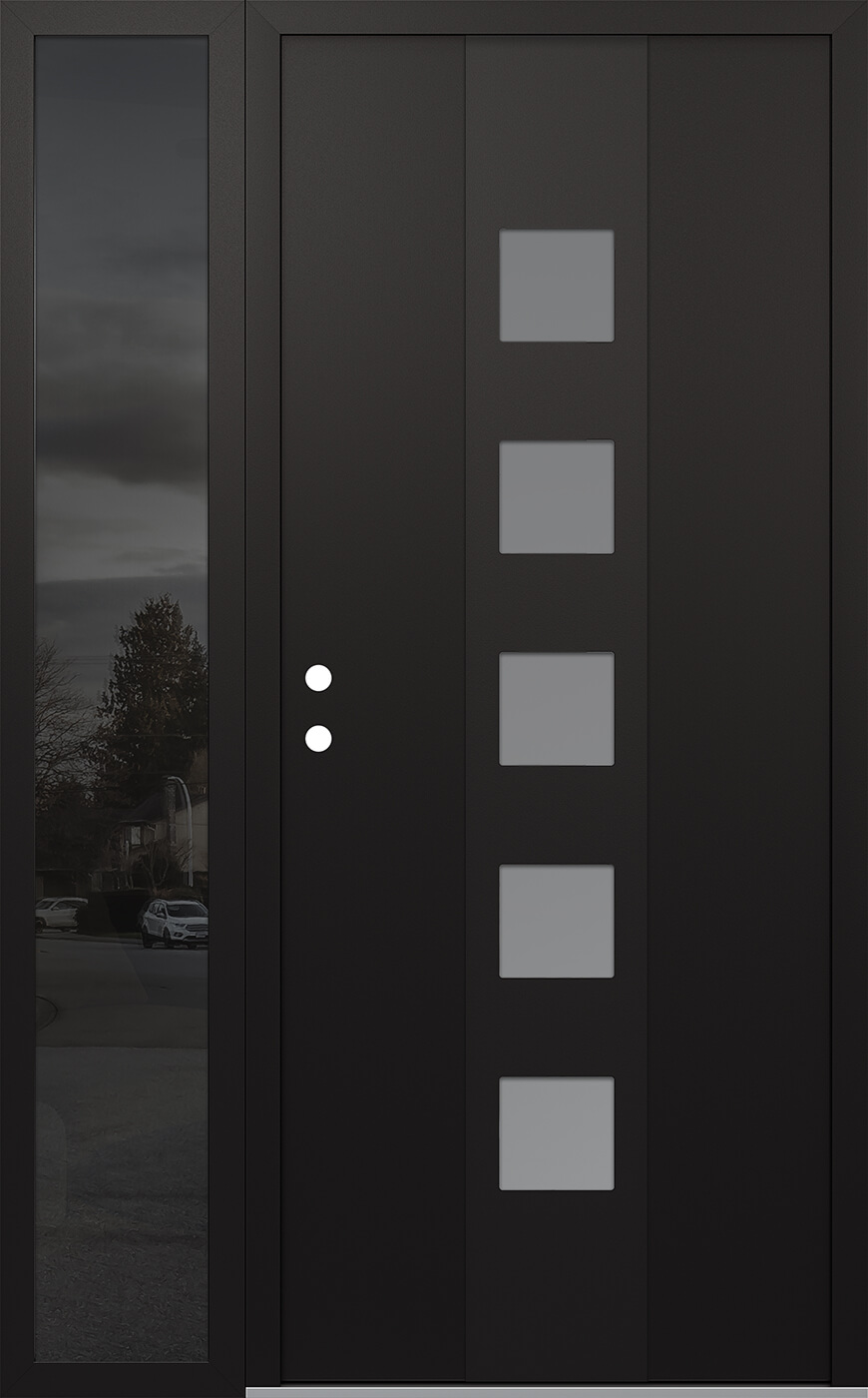Modern Steel Front Door DIAMOND A13 50" X 80" BLACK/WHITE FROSTED GLASS PANEL BLACK RHI WITH SIDELITE MIRRORED GLASS