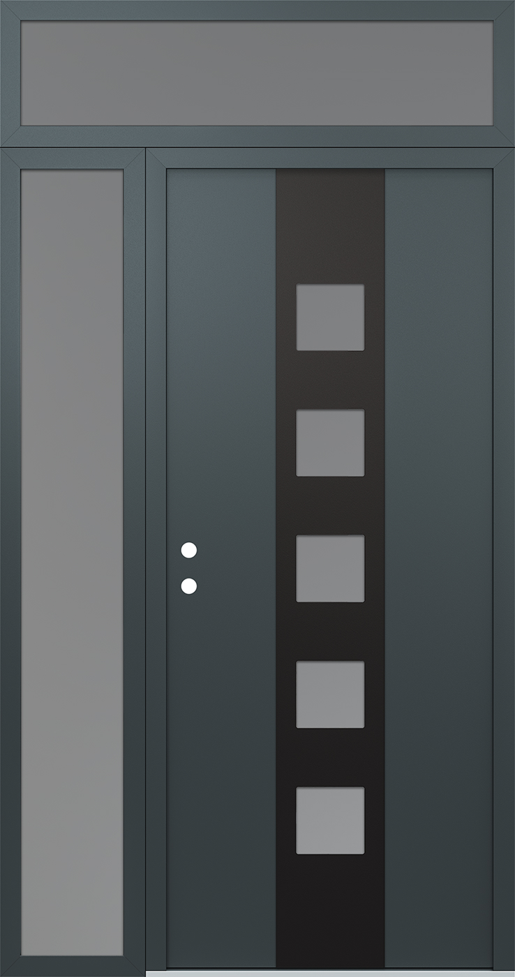 Modern Steel Front Door DIAMOND A13 50" X 96" ANTHRACITE/ANTHRACITE FROSTED GLASS PANEL BLACK RHI WITH SIDELITE AND TRANSOM FROSTED GLASS