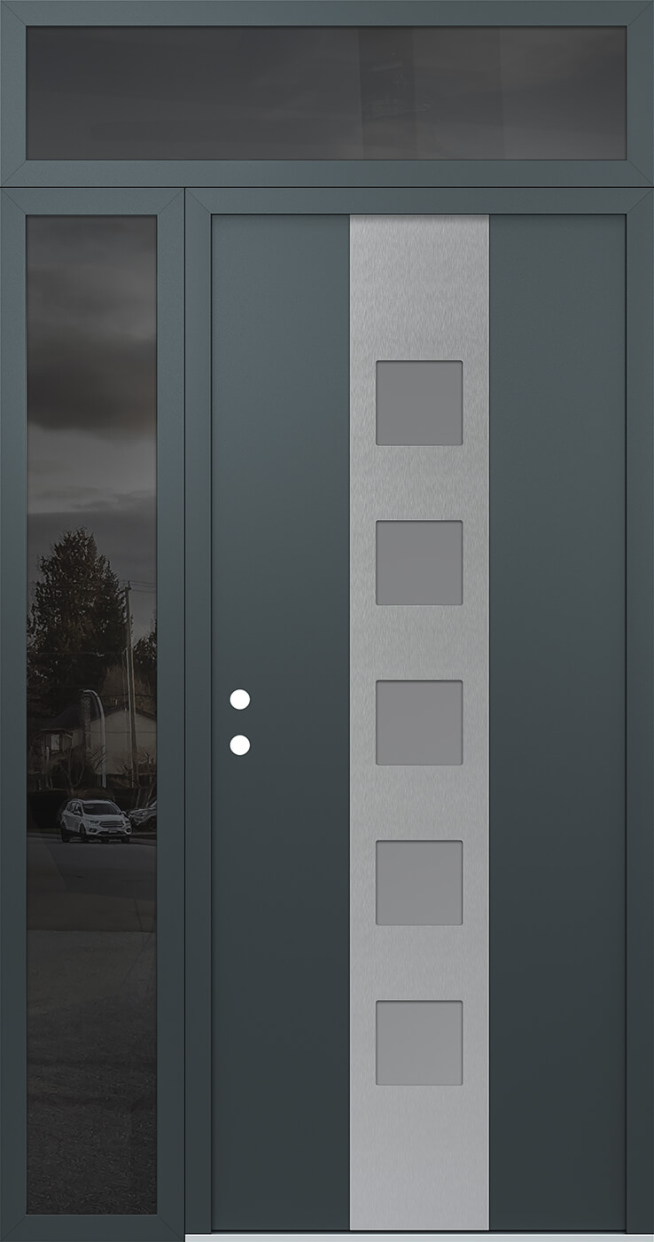 Modern Steel Front Door DIAMOND A13 50" X 96" ANTHRACITE/ANTHRACITE FROSTED GLASS PANEL STAINLESS STEEL RHI WITH SIDELITE AND TRANSOM MIRRORED GLASS