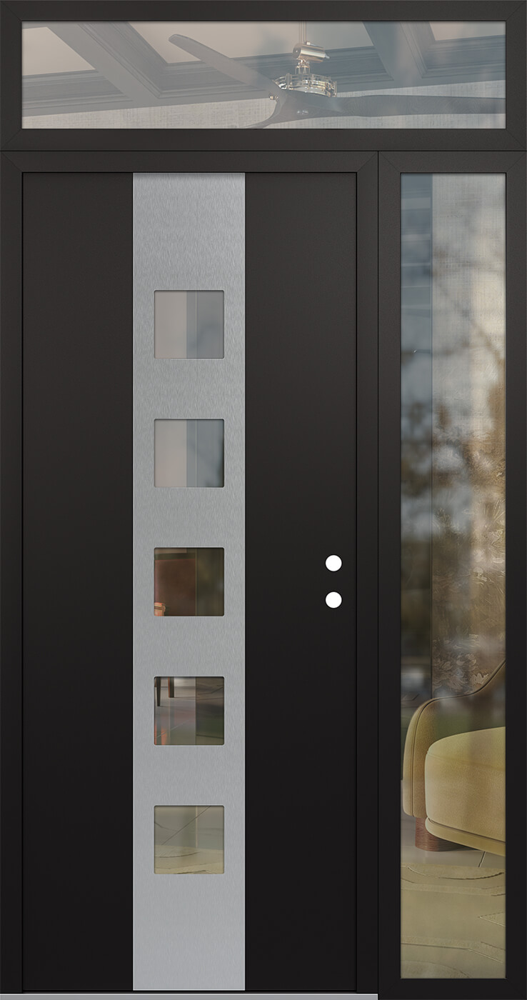 Modern Steel Front Door DIAMOND A13 50" X 96" BLACK/BLACK CLEAR GLASS PANEL STAINLESS STEEL LHI WITH SIDELITE AND TRANSOM CLEAR GLASS