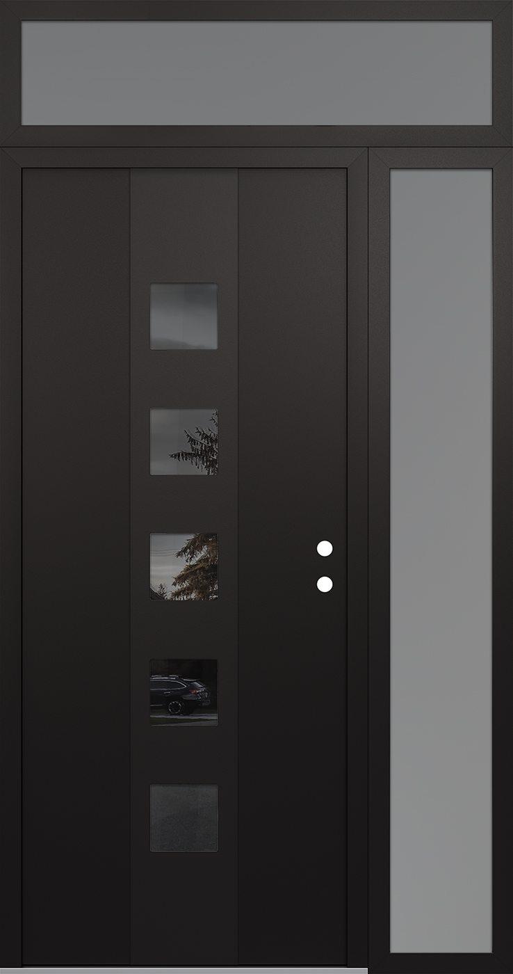 Modern Steel Front Door DIAMOND A13 50" X 96" BLACK/BLACK MIRRORED GLASS PANEL BLACK LHI WITH SIDELITE AND TRANSOM FROSTED GLASS