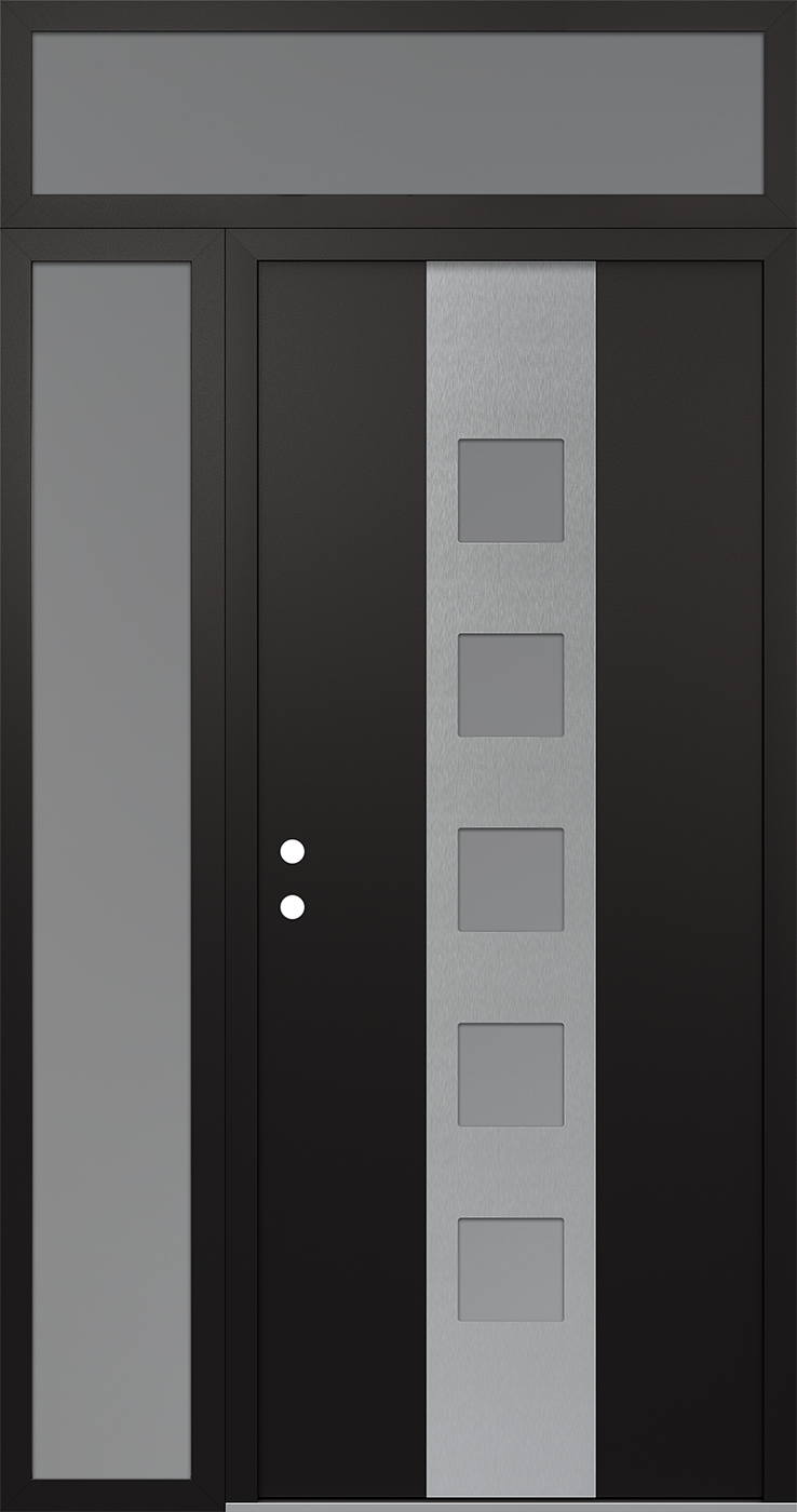 Modern Steel Front Door DIAMOND A13 50" X 96" BLACK/WHITE FROSTED GLASS PANEL STAINLESS STEEL RHI WITH SIDELITE AND TRANSOM FROSTED GLASS