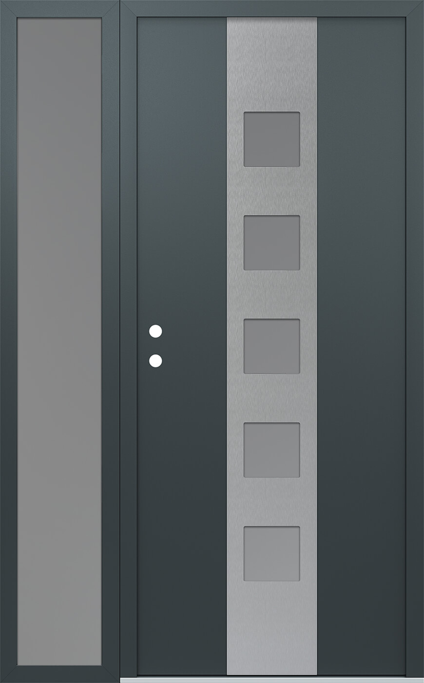 Modern Steel Front Door DIAMOND A13 52" X 80" ANTHRACITE/ANTHRACITE FROSTED GLASS PANEL STAINLESS STEEL RHI WITH SIDELITE FROSTED GLASS