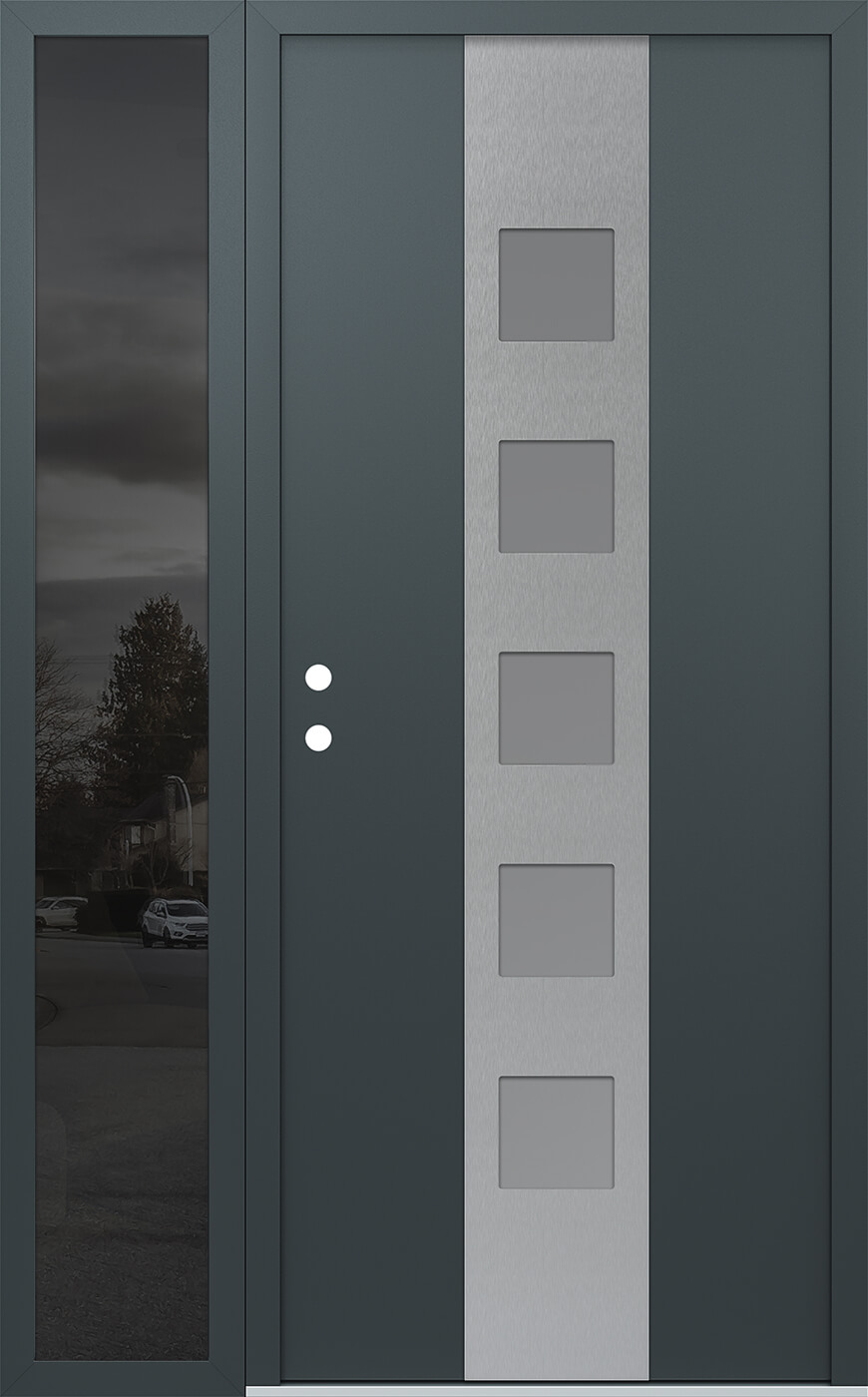 Modern Steel Front Door DIAMOND A13 52" X 80" ANTHRACITE/ANTHRACITE FROSTED GLASS PANEL STAINLESS STEEL RHI WITH SIDELITE MIRRORED GLASS