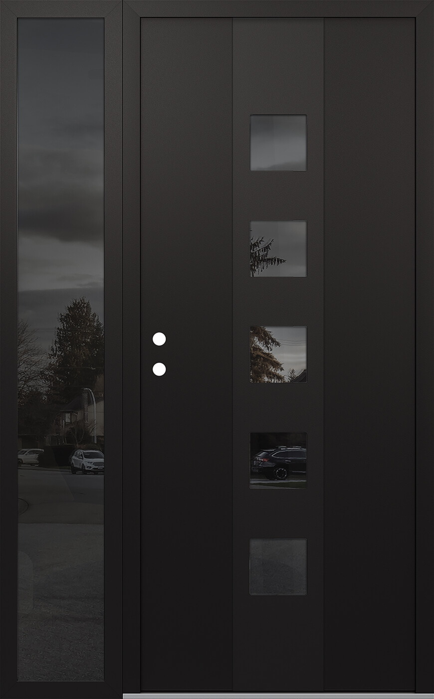 Modern Steel Front Door DIAMOND A13 52" X 80" BLACK/BLACK MIRRORED GLASS PANEL BLACK RHI WITH SIDELITE MIRRORED GLASS