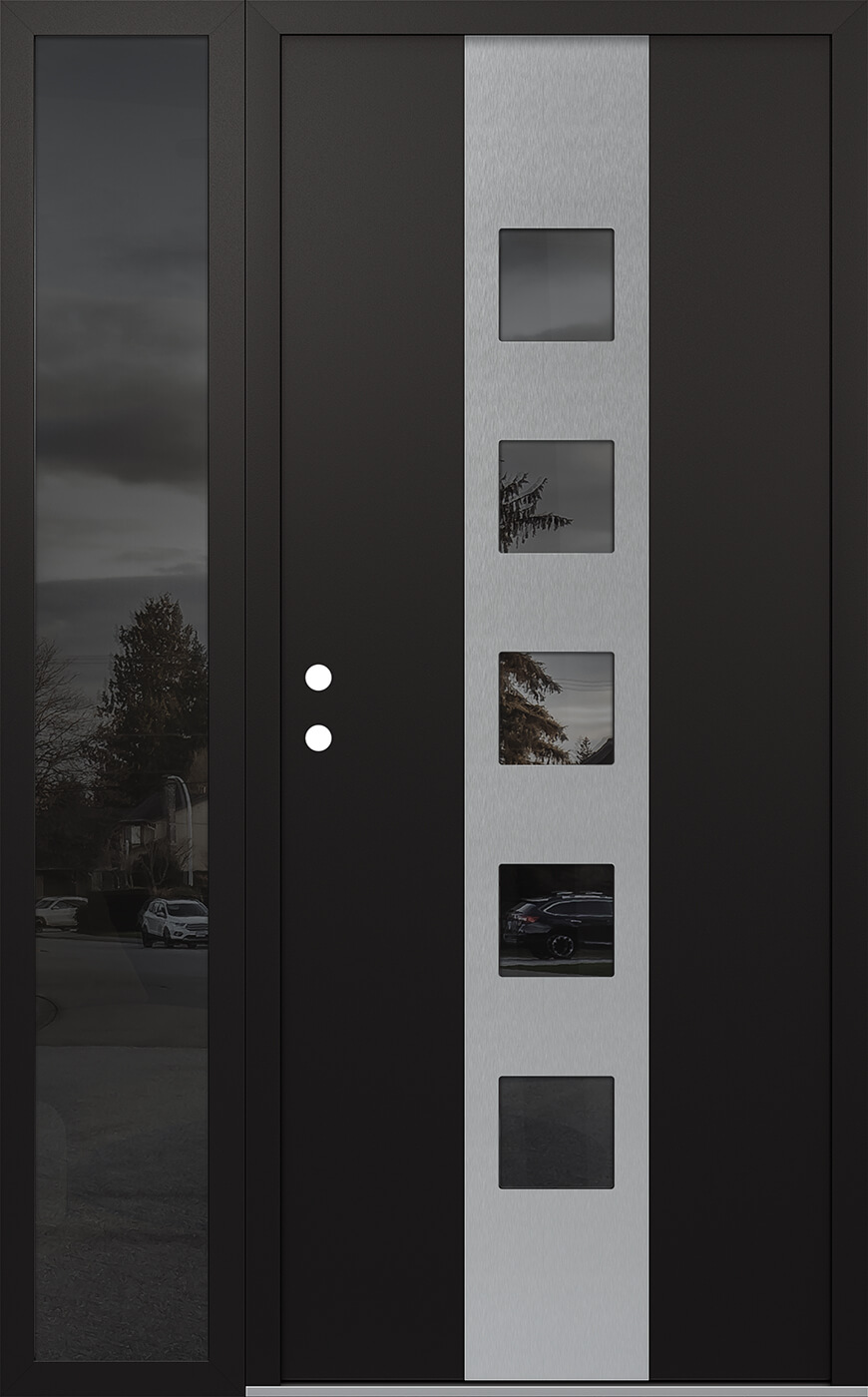 Modern Steel Front Door DIAMOND A13 52" X 80" BLACK/BLACK MIRRORED GLASS PANEL STAINLESS STEEL RHI WITH SIDELITE MIRRORED GLASS