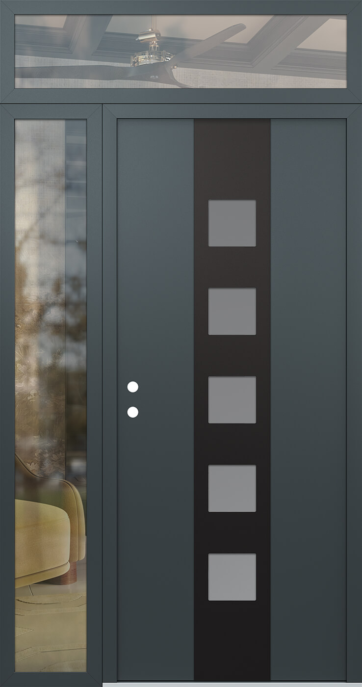 Modern Steel Front Door DIAMOND A13 52" X 96" ANTHRACITE/ANTHRACITE FROSTED GLASS PANEL BLACK RHI WITH SIDELITE AND TRANSOM CLEAR GLASS