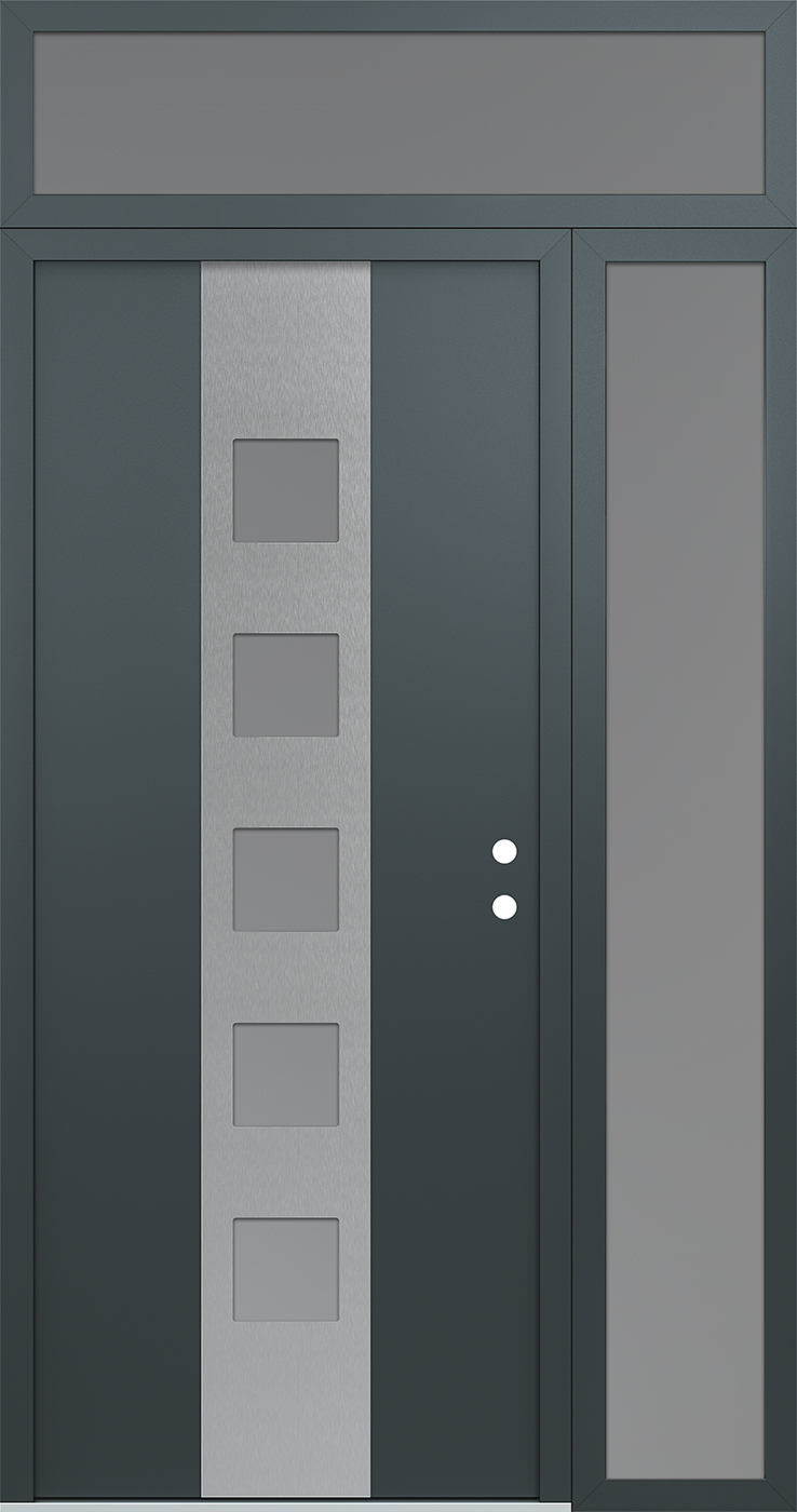 Modern Steel Front Door DIAMOND A13 52" X 96" ANTHRACITE/ANTHRACITE FROSTED GLASS PANEL STAINLESS STEEL LHI WITH SIDELITE AND TRANSOM FROSTED GLASS