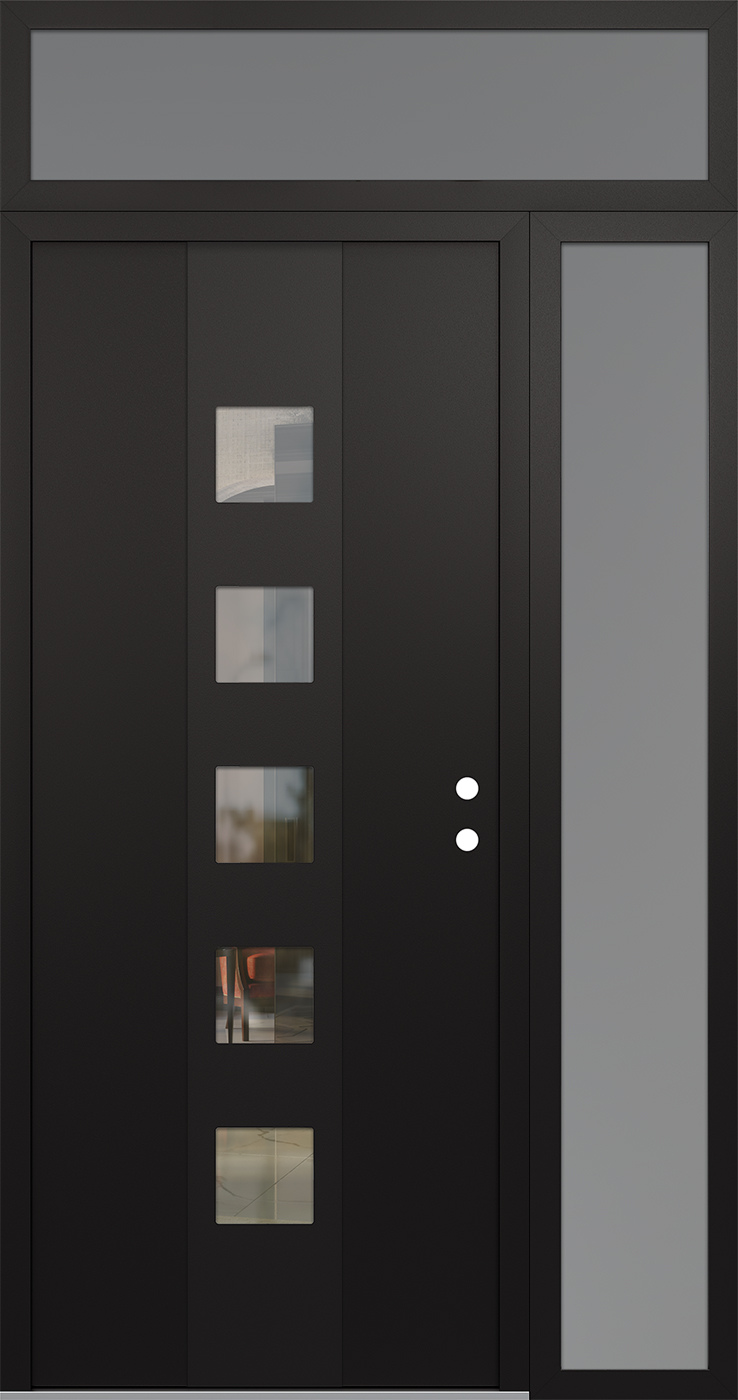 Modern Steel Front Door DIAMOND A13 52" X 96" BLACK/BLACK CLEAR GLASS PANEL BLACK LHI WITH SIDELITE AND TRANSOM FROSTED GLASS
