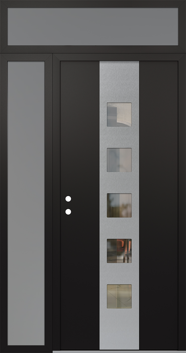 Modern Steel Front Door DIAMOND A13 52" X 96" BLACK/BLACK CLEAR GLASS PANEL STAINLESS STEEL RHI WITH SIDELITE AND TRANSOM FROSTED GLASS