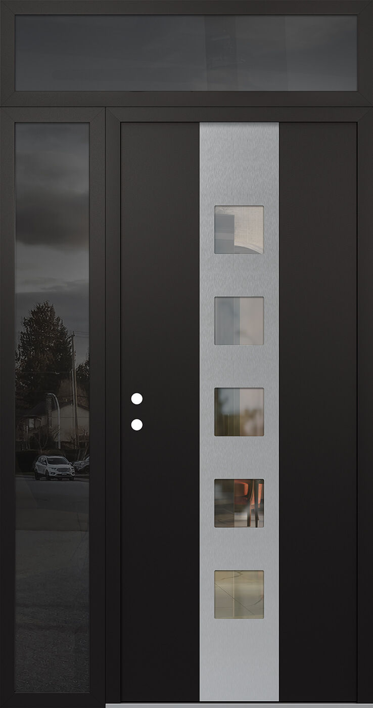 Modern Steel Front Door DIAMOND A13 52" X 96" BLACK/BLACK CLEAR GLASS PANEL STAINLESS STEEL RHI WITH SIDELITE AND TRANSOM MIRRORED GLASS