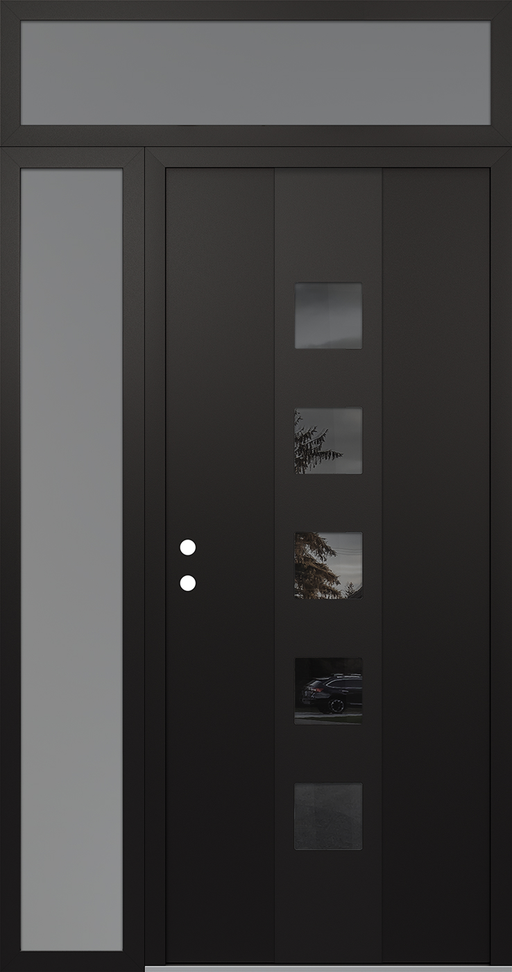 Modern Steel Front Door DIAMOND A13 52" X 96" BLACK/BLACK MIRRORED GLASS PANEL BLACK RHI WITH SIDELITE AND TRANSOM FROSTED GLASS