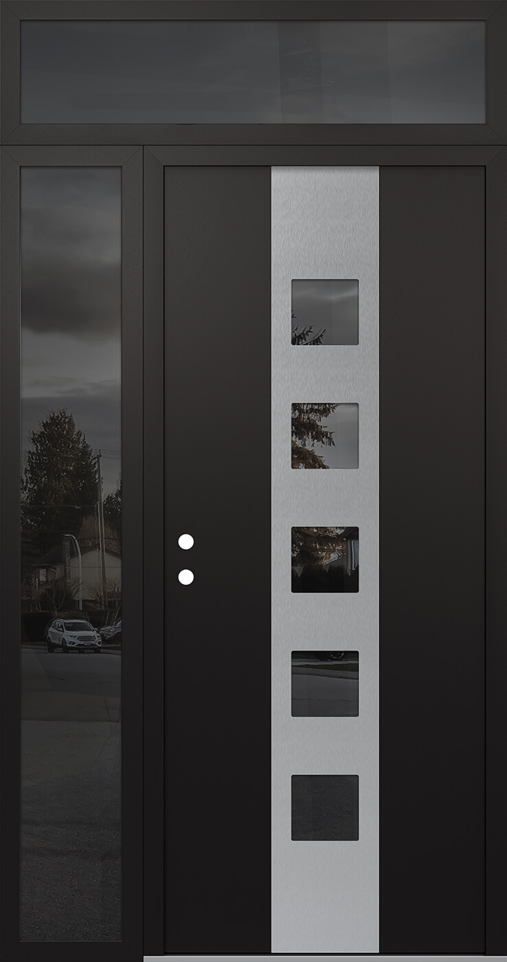 Modern Steel Front Door DIAMOND A13 52" X 96" BLACK/BLACK MIRRORED GLASS PANEL STAINLESS STEEL RHI WITH SIDELITE AND TRANSOM MIRRORED GLASS