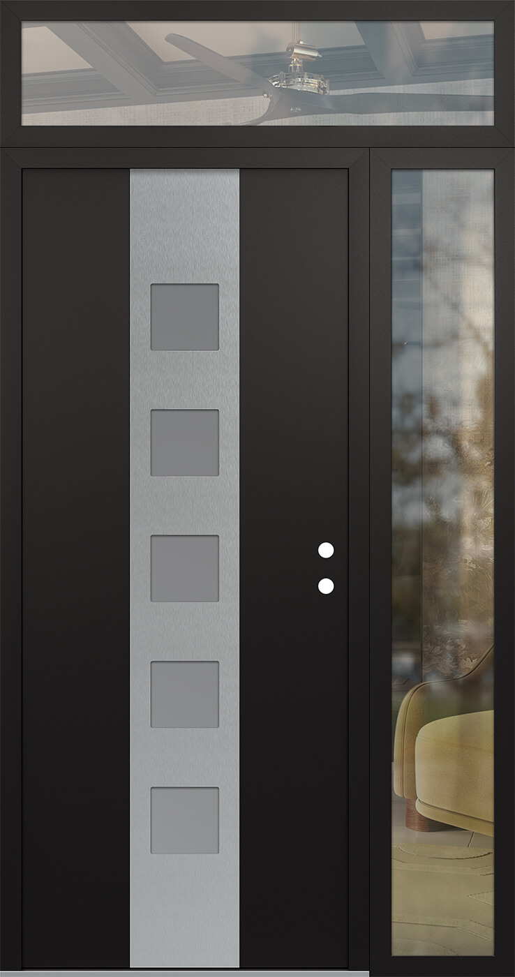 Modern Steel Front Door DIAMOND A13 52" X 96" BLACK/WHITE FROSTED GLASS PANEL STAINLESS STEEL LHI WITH SIDELITE AND TRANSOM CLEAR GLASS