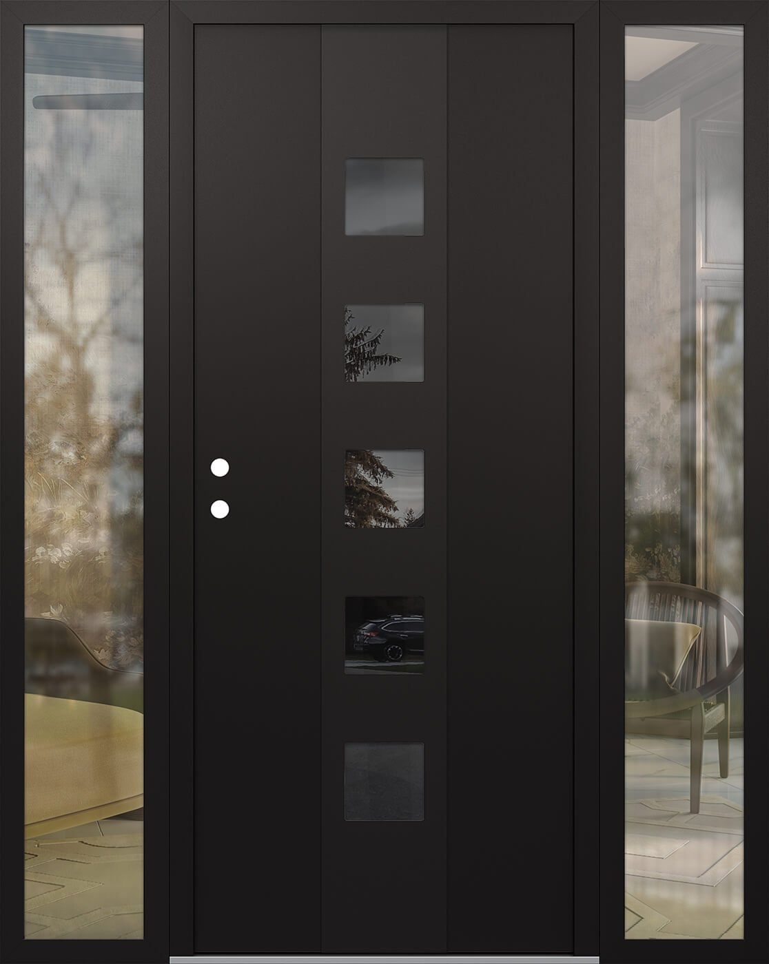 Modern Steel Front Door DIAMOND A13 60" X 80" BLACK/BLACK MIRRORED GLASS PANEL BLACK RHI WITH 2 SIDELITES CLEAR GLASS