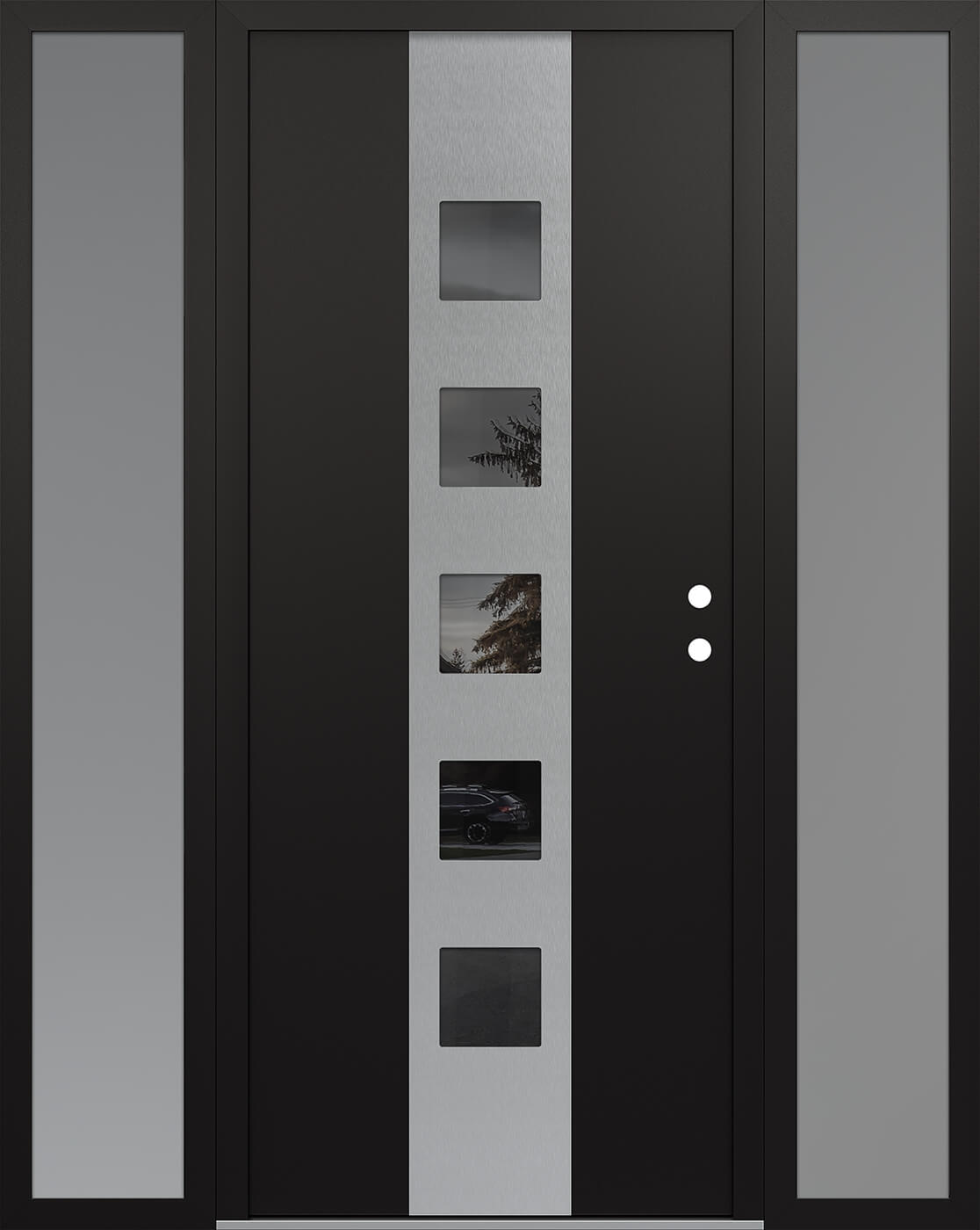 Modern Steel Front Door DIAMOND A13 60" X 80" BLACK/BLACK MIRRORED GLASS PANEL STAINLESS STEEL LHI WITH 2 SIDELITES FROSTED GLASS