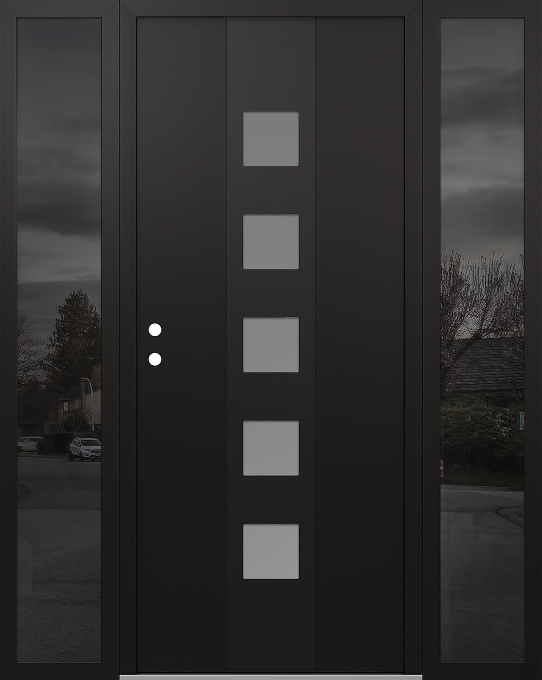 Modern Steel Front Door DIAMOND A13 60" X 80" BLACK/WHITE FROSTED GLASS PANEL BLACK RHI WITH 2 SIDELITES MIRRORED GLASS