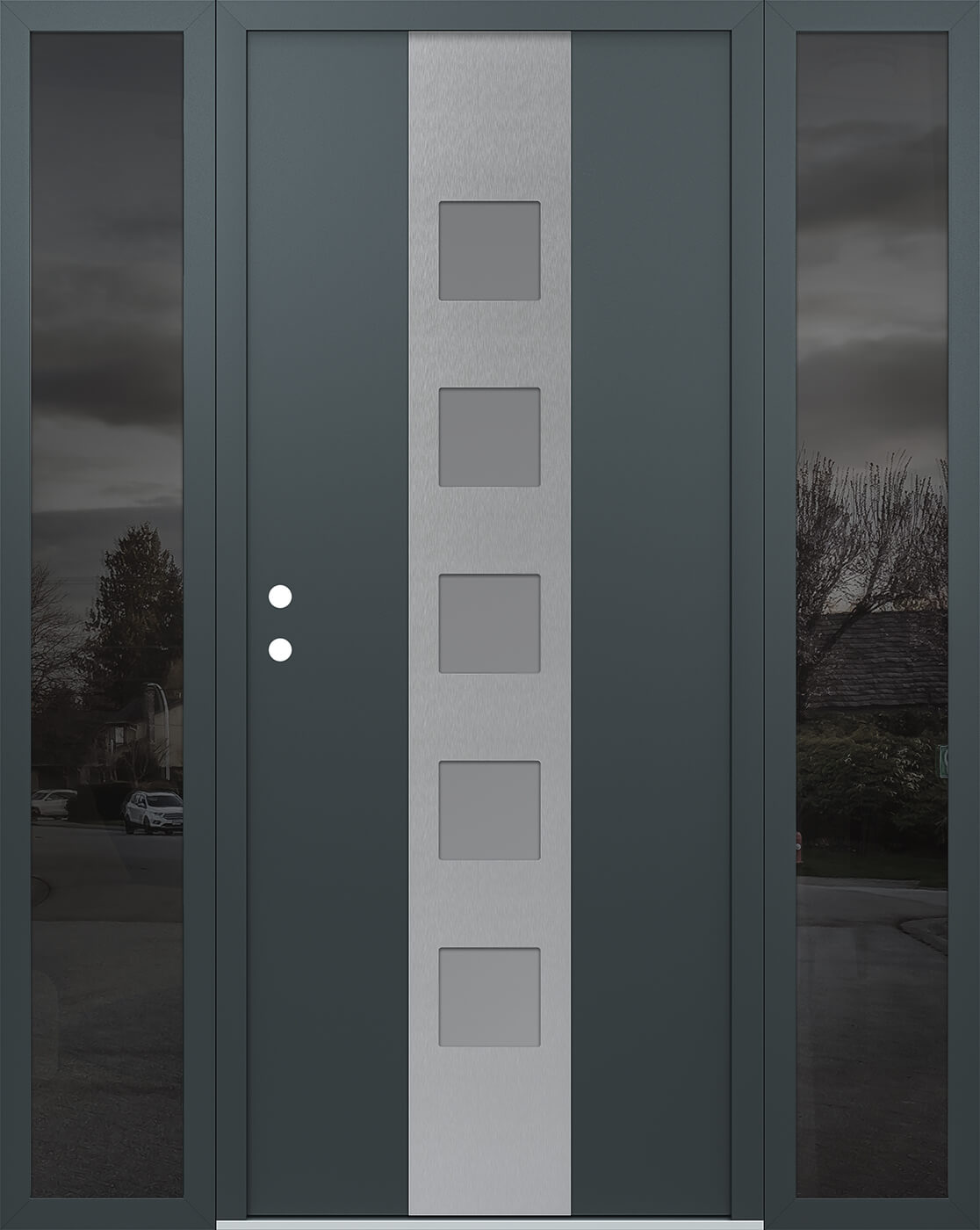 Modern Steel Front Door DIAMOND A13 64" X 80" ANTHRACITE/ANTHRACITE FROSTED GLASS PANEL STAINLESS STEEL RHI WITH 2 SIDELITES MIRRORED GLASS
