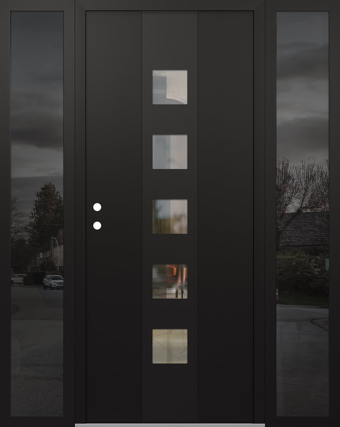 Modern Steel Front Door DIAMOND A13 64" X 80" BLACK/BLACK CLEAR GLASS PANEL BLACK RHI WITH 2 SIDELITES MIRRORED GLASS