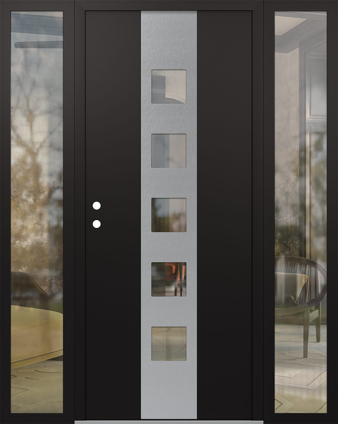 Modern Steel Front Door DIAMOND A13 64" X 80" BLACK/BLACK CLEAR GLASS PANEL STAINLESS STEEL RHI WITH 2 SIDELITES CLEAR GLASS
