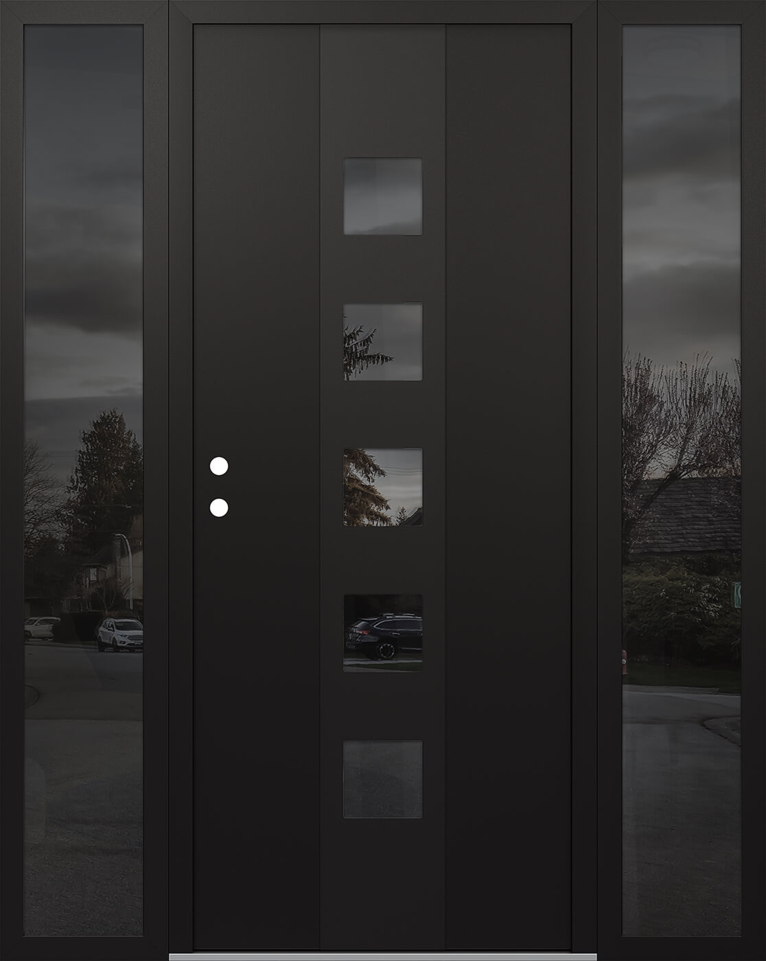 Modern Steel Front Door DIAMOND A13 64" X 80" BLACK/BLACK MIRRORED GLASS PANEL BLACK RHI WITH 2 SIDELITES MIRRORED GLASS