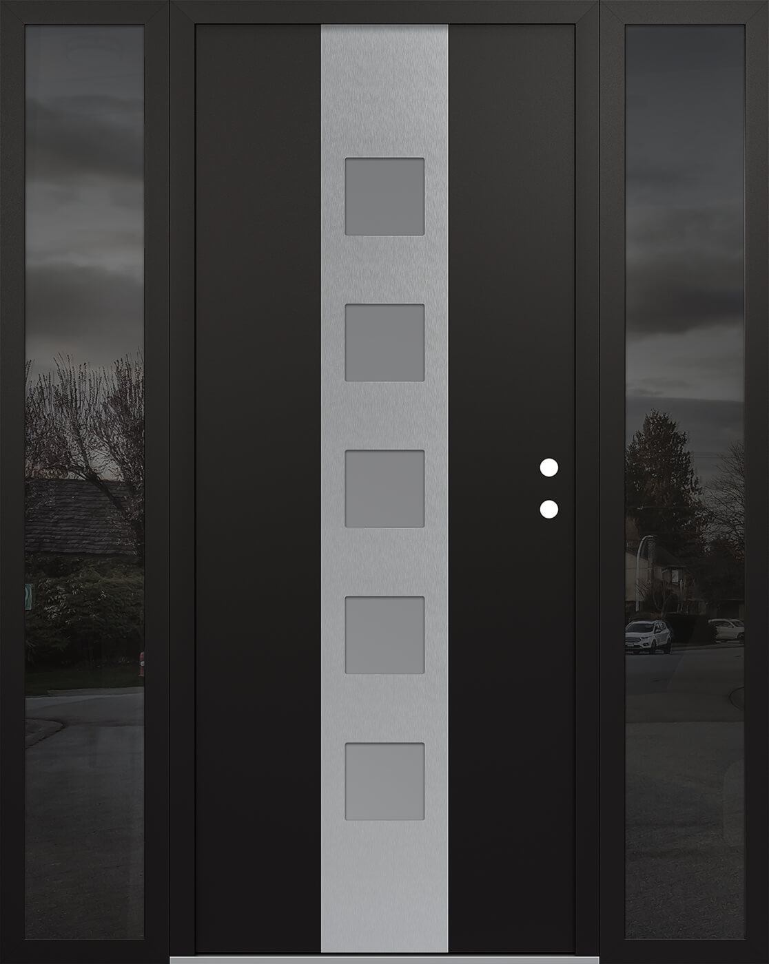 Modern Steel Front Door DIAMOND A13 64" X 80" BLACK/WHITE FROSTED GLASS PANEL STAINLESS STEEL LHI WITH 2 SIDELITES MIRRORED GLASS