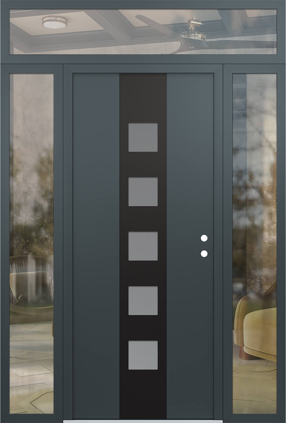 Modern Steel Front Door DIAMOND A13 64" X 96" ANTHRACITE/ANTHRACITE FROSTED GLASS PANEL BLACK LHI WITH 2 SIDELITES AND TRANSOM CLEAR GLASS