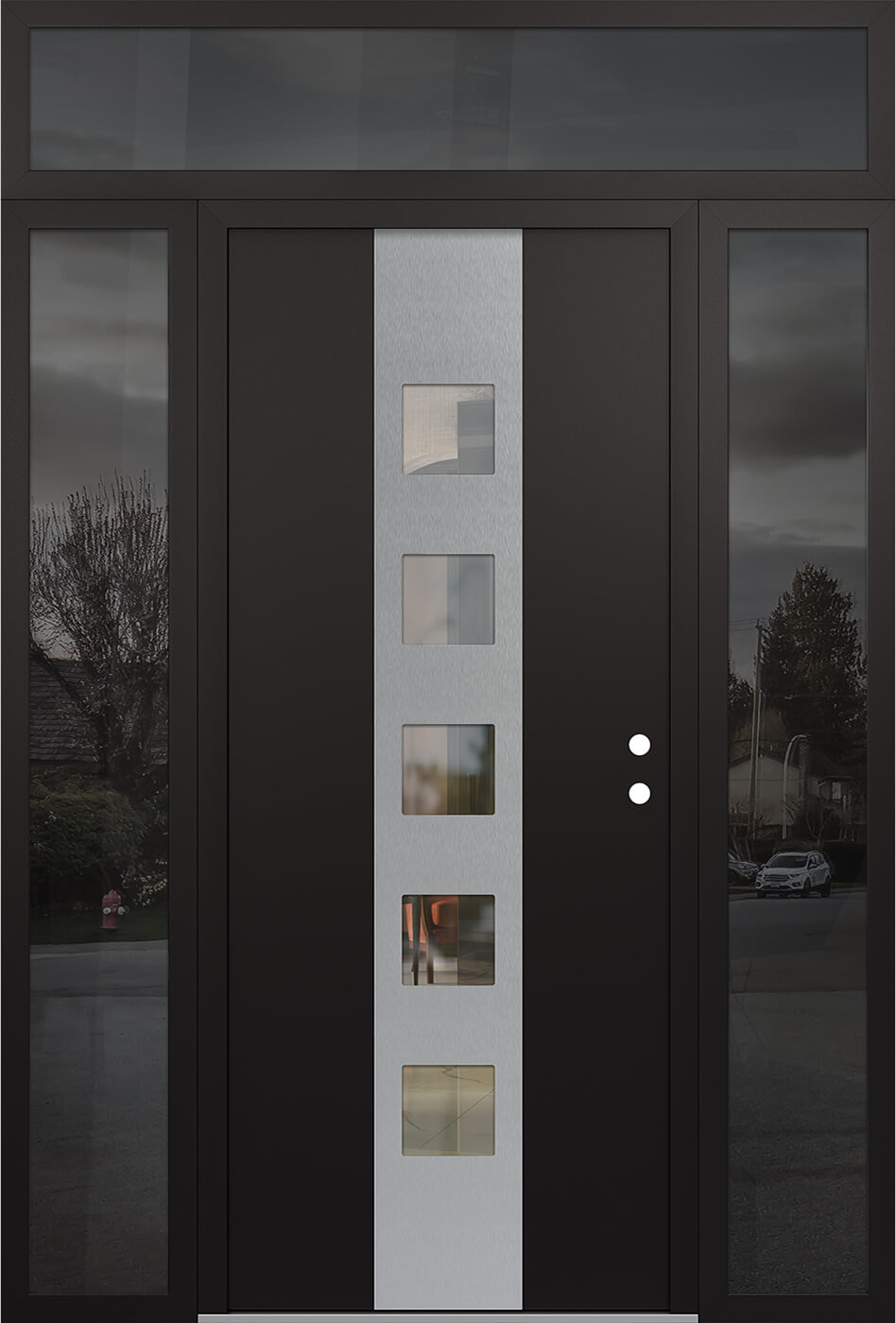 Modern Steel Front Door DIAMOND A13 64" X 96" BLACK/BLACK CLEAR GLASS PANEL STAINLESS STEEL LHI WITH 2 SIDELITES AND TRANSOM MIRRORED GLASS