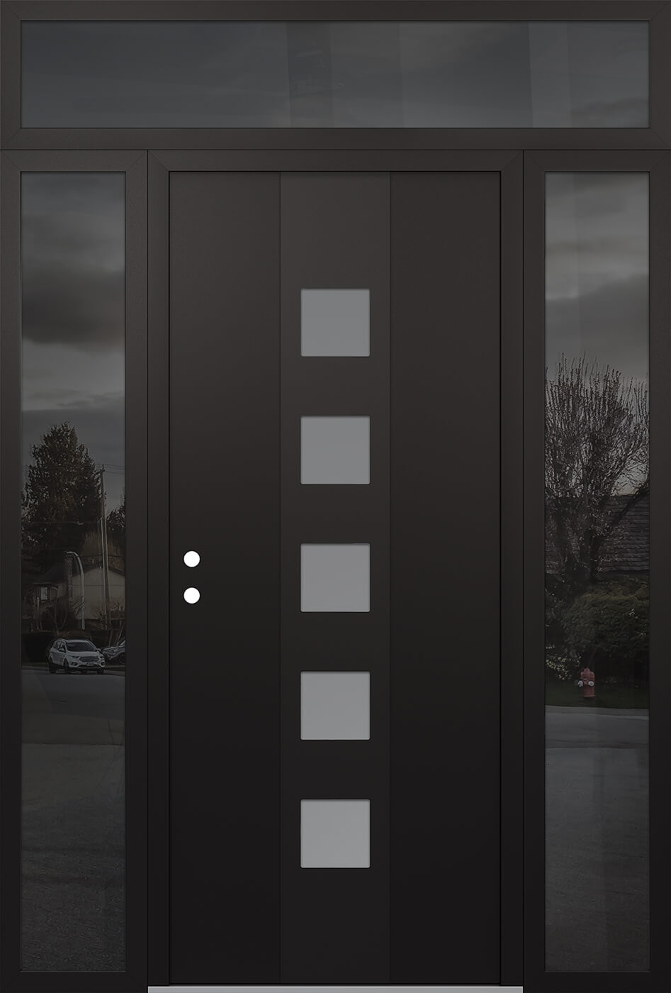 Modern Steel Front Door DIAMOND A13 64" X 96" BLACK/WHITE FROSTED GLASS PANEL BLACK RHI WITH 2 SIDELITES AND TRANSOM MIRRORED GLASS