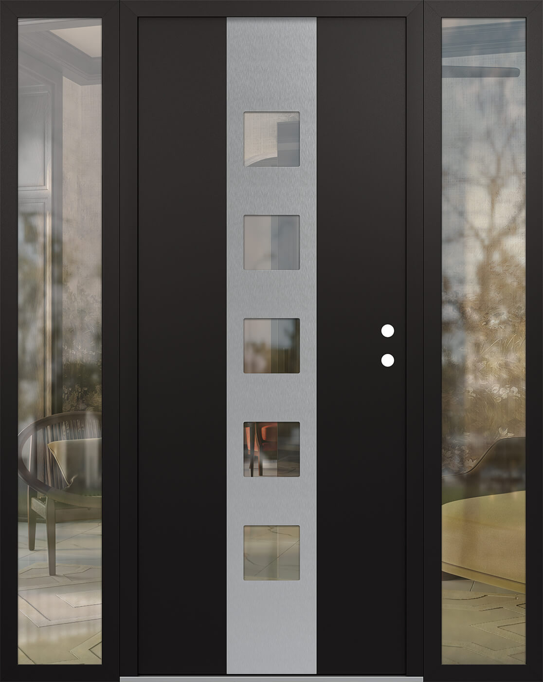 Modern Steel Front Door DIAMOND A13 68" X 80" BLACK/BLACK CLEAR GLASS PANEL STAINLESS STEEL LHI WITH 2 SIDELITES CLEAR GLASS