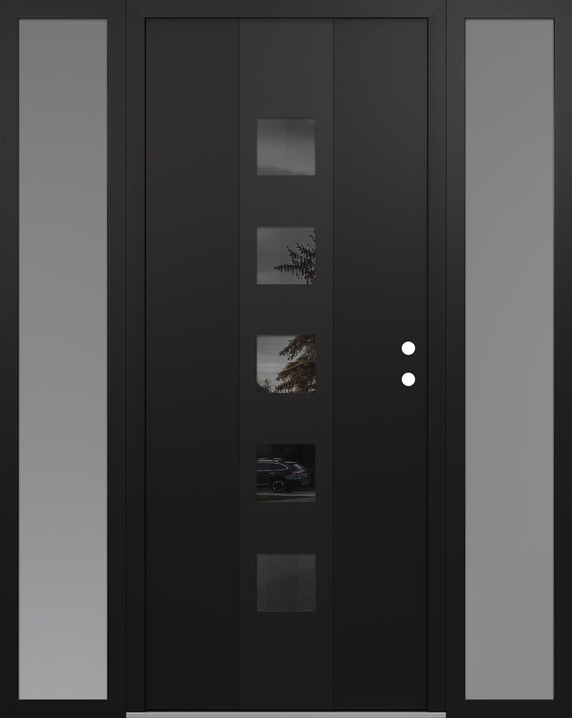Modern Steel Front Door DIAMOND A13 68" X 80" BLACK/BLACK MIRRORED GLASS PANEL BLACK LHI WITH 2 SIDELITES FROSTED GLASS