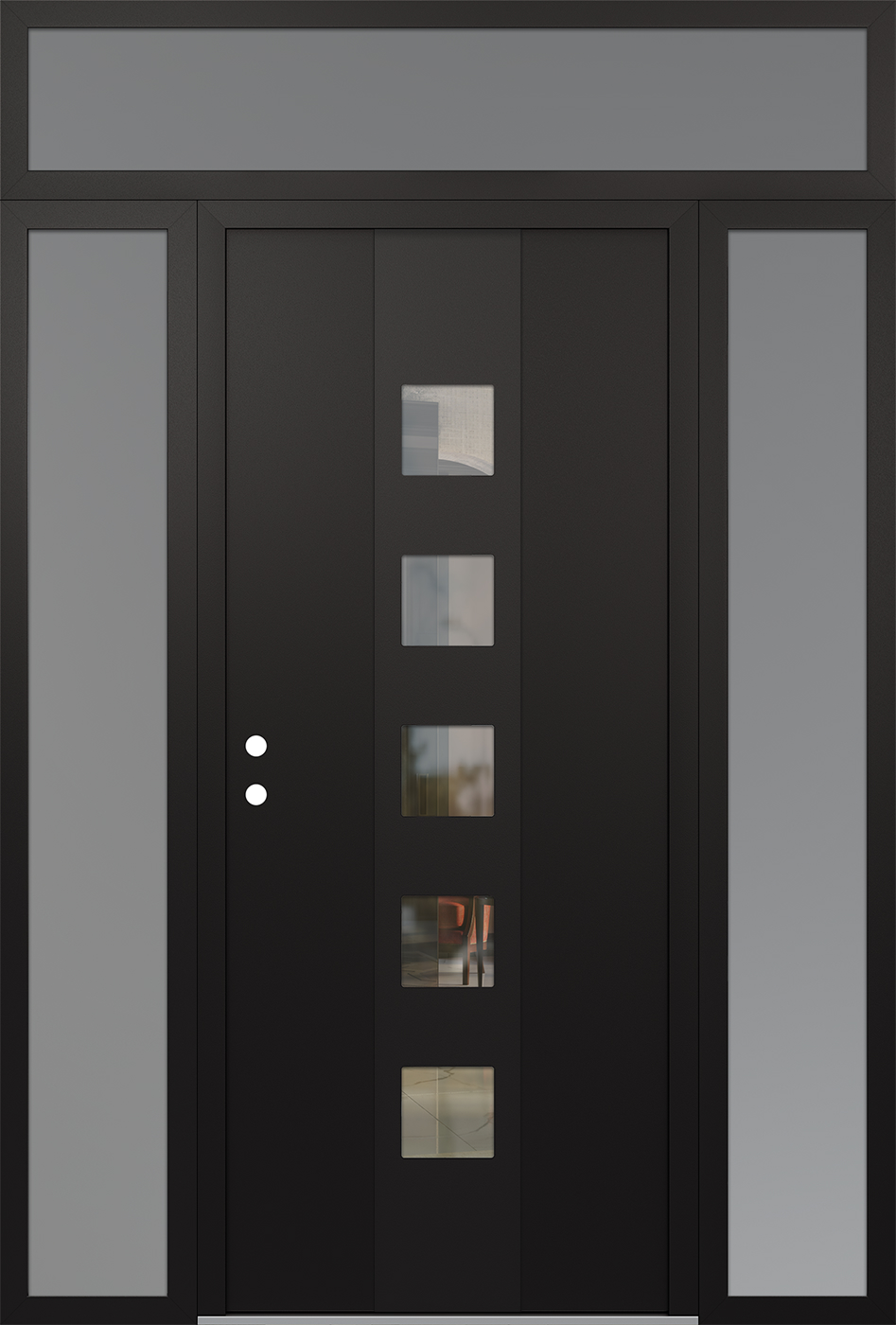 Modern Steel Front Door DIAMOND A13 68" X 96" BLACK/BLACK CLEAR GLASS PANEL BLACK RHI WITH 2 SIDELITES AND TRANSOM FROSTED GLASS