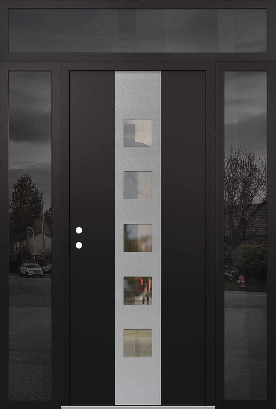 Modern Steel Front Door DIAMOND A13 68" X 96" BLACK/BLACK CLEAR GLASS PANEL STAINLESS STEEL RHI WITH 2 SIDELITES AND TRANSOM MIRRORED GLASS